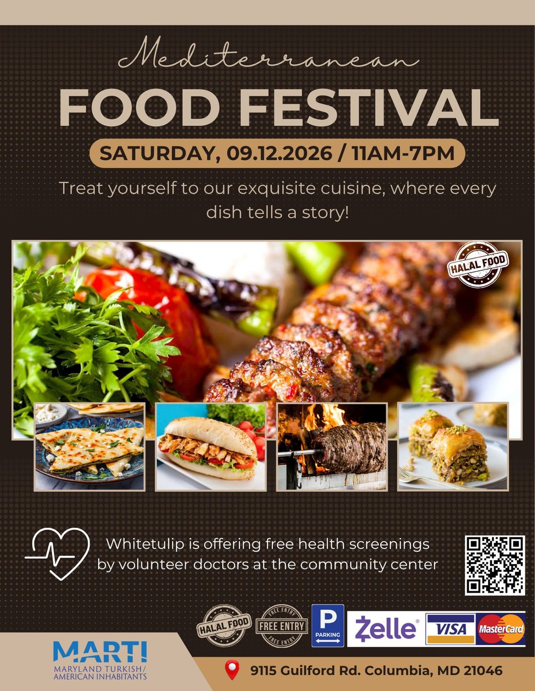 Mediterranean Food Festival flyer — Saturday, September 12, 2026, 11am to 7pm at 9115 Guilford Rd, Columbia, MD