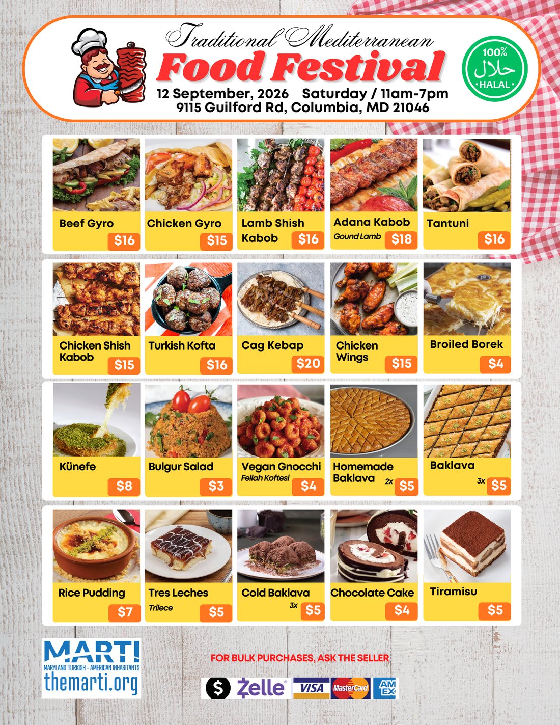 Festival menu, page 1 — mains, savory dishes and desserts with prices