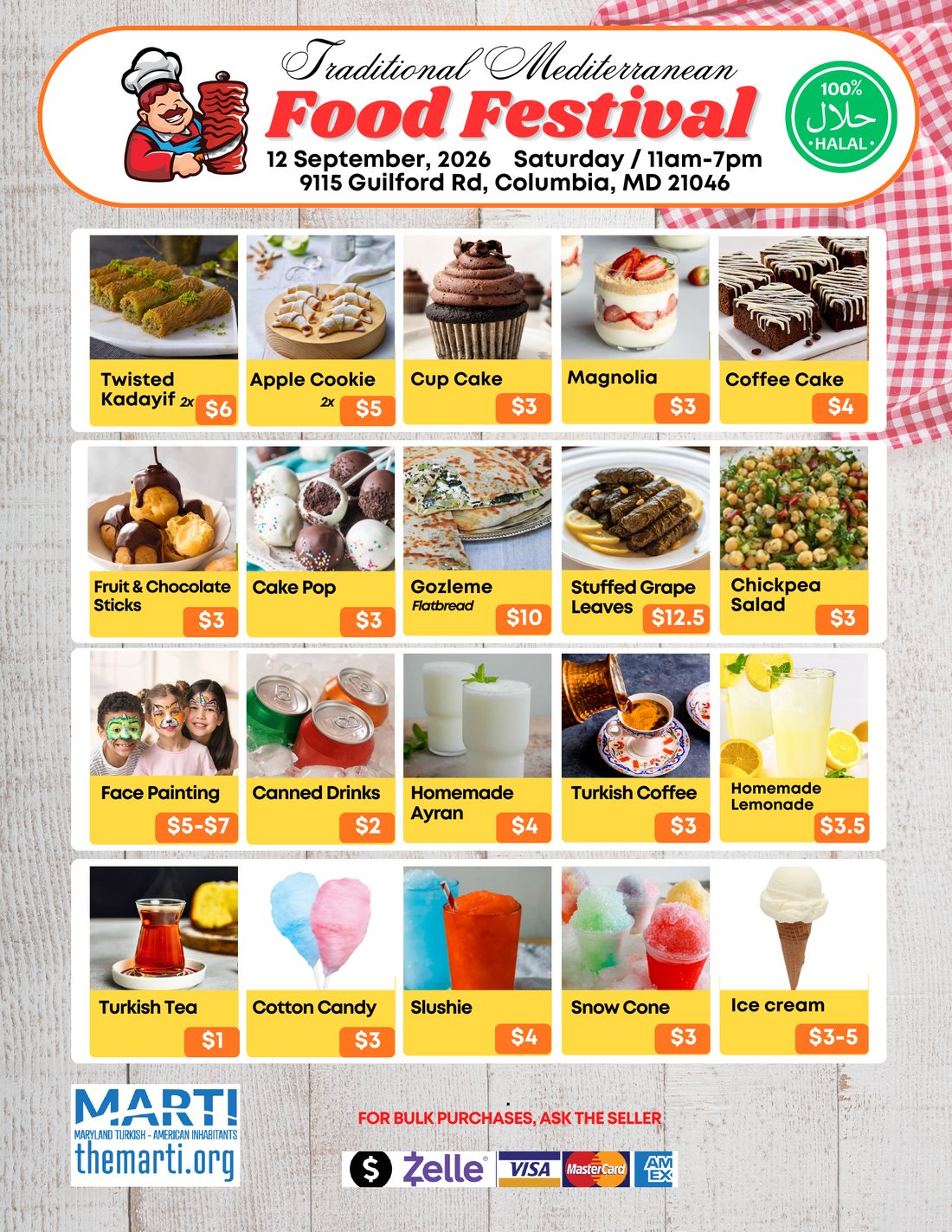 Festival menu, page 2 — desserts, drinks, treats and activities with prices